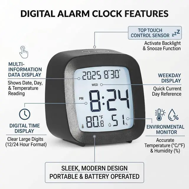 Alt view image 2 of 7 - Digital Alarm Clock with Backlight, Snooze, Temp & Humidity Display,Black