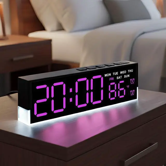 Main image of 7 Inch LED Digital Alarm Clock with Dual Alarms & Bottom GlowDisplays Time, Date, Day, Temperature 3-Level Auto/Manual Brightness, DST, USB or Battery Powered Modern Desk Clock(Rose Red)