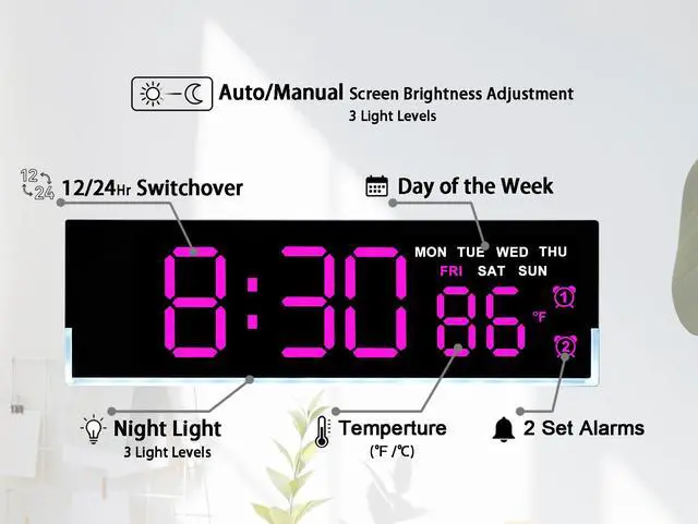 Alt view image 2 of 7 - 7 Inch LED Digital Alarm Clock with Dual Alarms & Bottom GlowDisplays Time, Date, Day, Temperature 3-Level Auto/Manual Brightness, DST, USB or Battery Powered Modern Desk Clock(Rose Red)