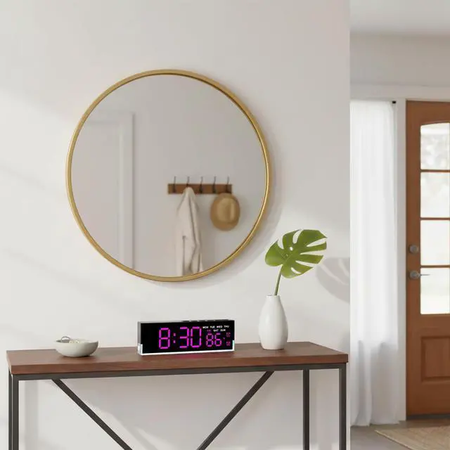 Alt view image 4 of 7 - 7 Inch LED Digital Alarm Clock with Dual Alarms & Bottom GlowDisplays Time, Date, Day, Temperature 3-Level Auto/Manual Brightness, DST, USB or Battery Powered Modern Desk Clock(Rose Red)
