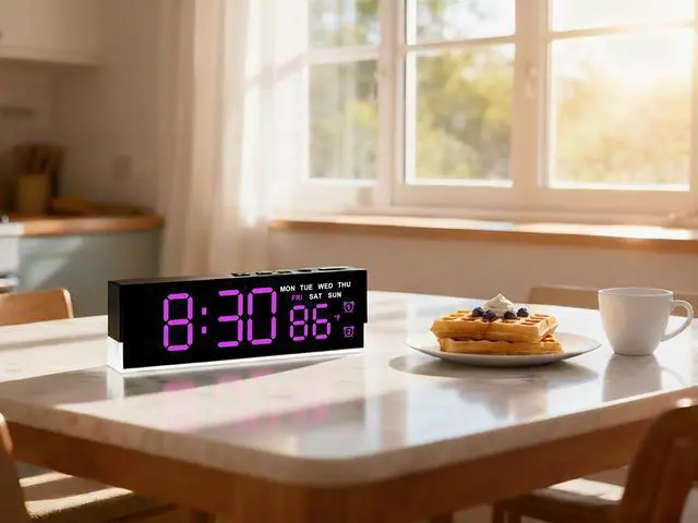 Alt view image 5 of 7 - 7 Inch LED Digital Alarm Clock with Dual Alarms & Bottom GlowDisplays Time, Date, Day, Temperature 3-Level Auto/Manual Brightness, DST, USB or Battery Powered Modern Desk Clock(Rose Red)