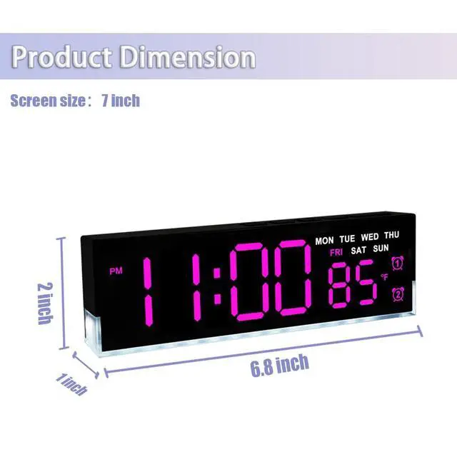 Alt view image 6 of 7 - 7 Inch LED Digital Alarm Clock with Dual Alarms & Bottom GlowDisplays Time, Date, Day, Temperature 3-Level Auto/Manual Brightness, DST, USB or Battery Powered Modern Desk Clock(Rose Red)
