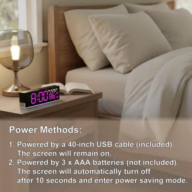 Alt view image 7 of 7 - 7 Inch LED Digital Alarm Clock with Dual Alarms & Bottom GlowDisplays Time, Date, Day, Temperature 3-Level Auto/Manual Brightness, DST, USB or Battery Powered Modern Desk Clock(Rose Red)