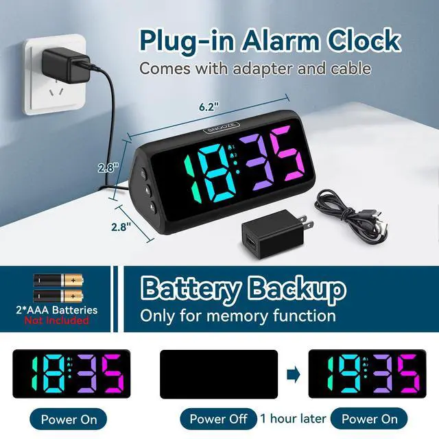 Alt view image 3 of 7 - Loud Alarm Clock for Heavy Sleepers, RGB Alarm Clocks for Bedrooms Seniors Kids, Plug in Digital Clock with 5 Dimmers, 2 Alarms, 4 Volumes and Snooze
