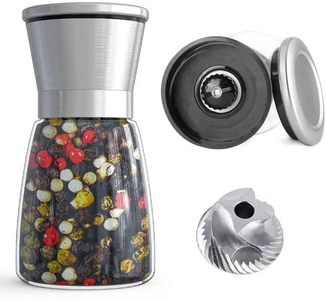 Main image of Professional Pepper Grinder - with Germany Hardened Carbon Steel Mechanism Rotor, Refillable Pepper Mill 6OZ Glass Adjust Coarseness (1PCS-Sliver-304