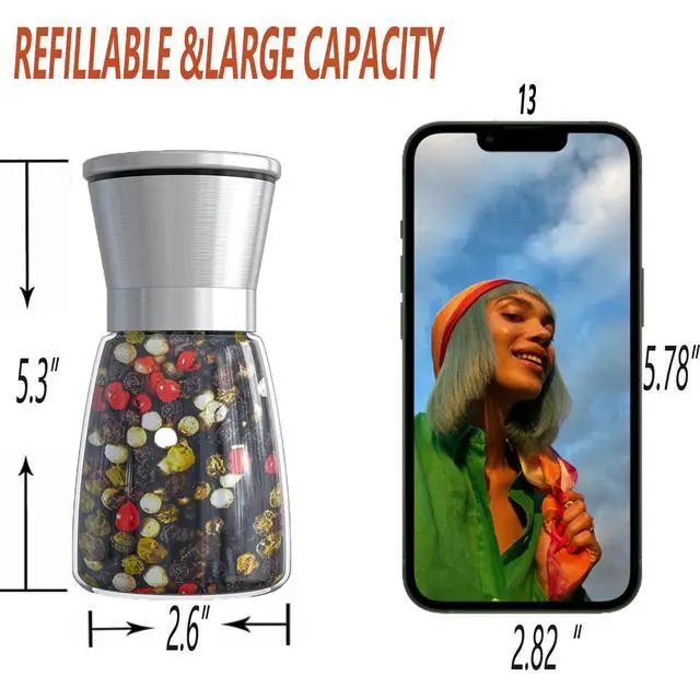 Alt view image 3 of 7 - Professional Pepper Grinder - with Germany Hardened Carbon Steel Mechanism Rotor, Refillable Pepper Mill 6OZ Glass Adjust Coarseness (1PCS-Sliver-304