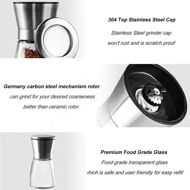 Alt view image 4 of 7 - Professional Pepper Grinder - with Germany Hardened Carbon Steel Mechanism Rotor, Refillable Pepper Mill 6OZ Glass Adjust Coarseness (1PCS-Sliver-304