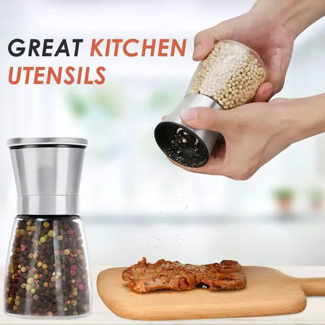 Alt view image 7 of 7 - Professional Pepper Grinder - with Germany Hardened Carbon Steel Mechanism Rotor, Refillable Pepper Mill 6OZ Glass Adjust Coarseness (1PCS-Sliver-304