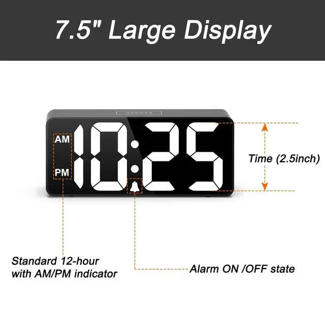 Alt view image 2 of 7 - Senior Friendly Digital Alarm Clock, 7.5 Inches Large Display, Easy to Ues, Fully Range Brightness, Adjustable Volume, Convenient USB Charging Port for Bedside