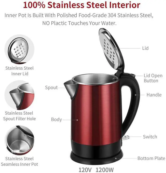 Alt view image 2 of 7 - Electric Kettles Stainless Steel for Boiling Water, Double Wall Hot Water Boiler Heater, Cool Touch Teapot, Auto Shut-Off & Boil-Dry Protection, 120V/1200W, 1.7 Liter, 2 Year Warranty (wine red)