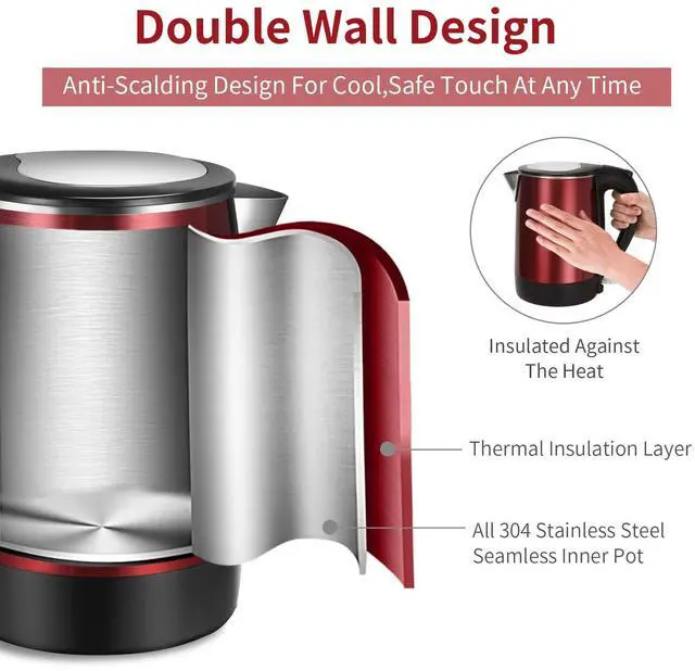 Alt view image 3 of 7 - Electric Kettles Stainless Steel for Boiling Water, Double Wall Hot Water Boiler Heater, Cool Touch Teapot, Auto Shut-Off & Boil-Dry Protection, 120V/1200W, 1.7 Liter, 2 Year Warranty (wine red)