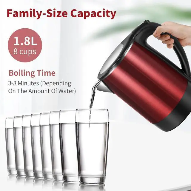 Alt view image 6 of 7 - Electric Kettles Stainless Steel for Boiling Water, Double Wall Hot Water Boiler Heater, Cool Touch Teapot, Auto Shut-Off & Boil-Dry Protection, 120V/1200W, 1.7 Liter, 2 Year Warranty (wine red)