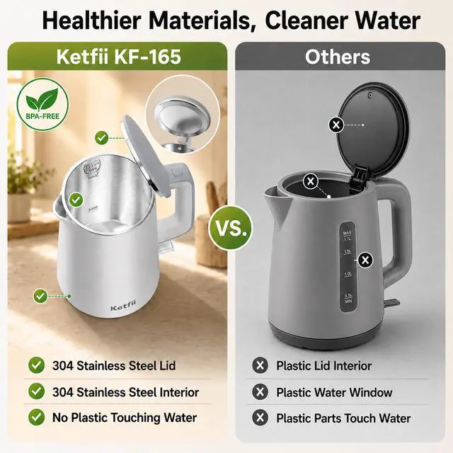 Alt view image 3 of 7 - Electric 1.7L, Double Wall 304 Stainless Steel Hot Water Boiler with Seamless Inner Pot, BPA-Free Electric Tea Kettle, Auto Shut-Off, Boil-Dry Protection, Dual-Angle Lid, 360° Cordless Base