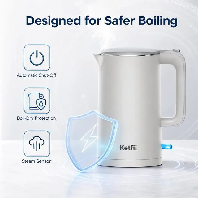 Alt view image 4 of 7 - Electric 1.7L, Double Wall 304 Stainless Steel Hot Water Boiler with Seamless Inner Pot, BPA-Free Electric Tea Kettle, Auto Shut-Off, Boil-Dry Protection, Dual-Angle Lid, 360° Cordless Base