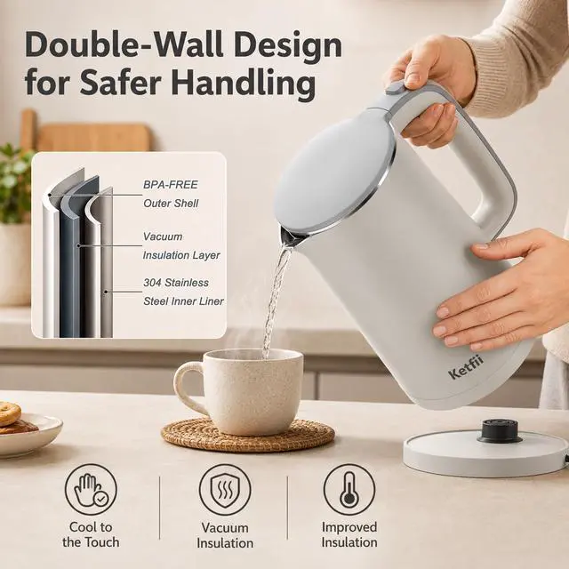 Alt view image 5 of 7 - Electric 1.7L, Double Wall 304 Stainless Steel Hot Water Boiler with Seamless Inner Pot, BPA-Free Electric Tea Kettle, Auto Shut-Off, Boil-Dry Protection, Dual-Angle Lid, 360° Cordless Base