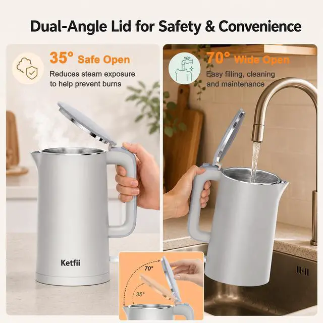 Alt view image 6 of 7 - Electric 1.7L, Double Wall 304 Stainless Steel Hot Water Boiler with Seamless Inner Pot, BPA-Free Electric Tea Kettle, Auto Shut-Off, Boil-Dry Protection, Dual-Angle Lid, 360° Cordless Base