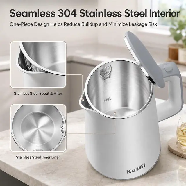 Alt view image 7 of 7 - Electric 1.7L, Double Wall 304 Stainless Steel Hot Water Boiler with Seamless Inner Pot, BPA-Free Electric Tea Kettle, Auto Shut-Off, Boil-Dry Protection, Dual-Angle Lid, 360° Cordless Base