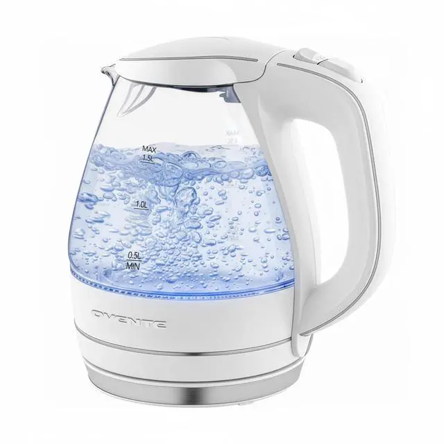 Main image of Electric Kettle, 1.5L Borosilicate Glass Countertop Water Heater and Boiler for Coffee or Tea, BPA-Free, Auto Shut-Off, Boil-Dry Protection, Removable and Washable Spout Filter, White KG83W