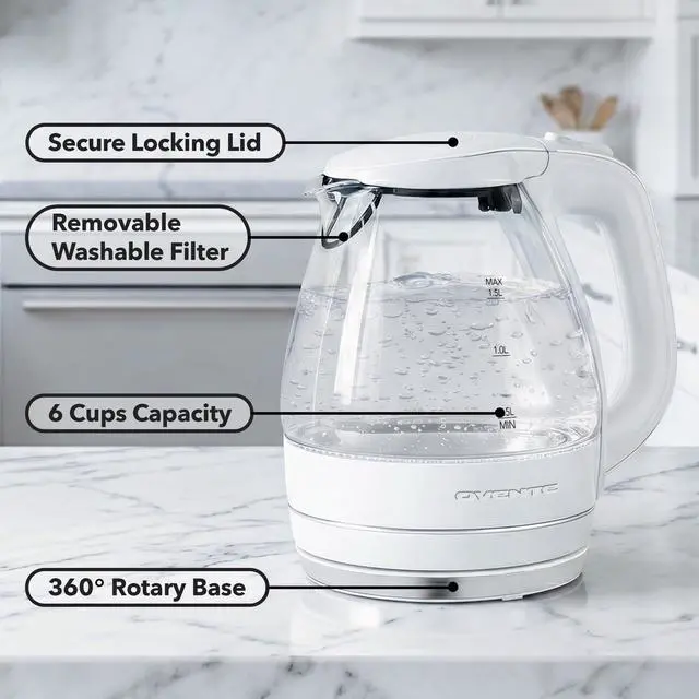 Alt view image 2 of 7 - Electric Kettle, 1.5L Borosilicate Glass Countertop Water Heater and Boiler for Coffee or Tea, BPA-Free, Auto Shut-Off, Boil-Dry Protection, Removable and Washable Spout Filter, White KG83W