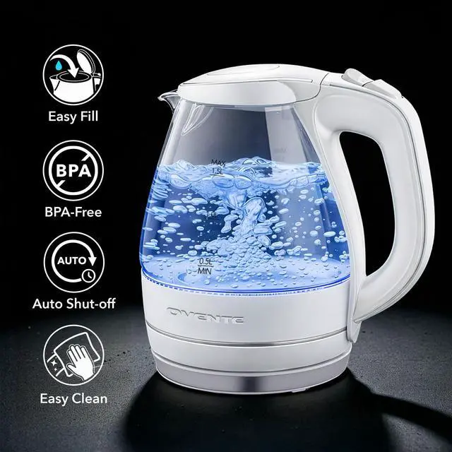 Alt view image 3 of 7 - Electric Kettle, 1.5L Borosilicate Glass Countertop Water Heater and Boiler for Coffee or Tea, BPA-Free, Auto Shut-Off, Boil-Dry Protection, Removable and Washable Spout Filter, White KG83W