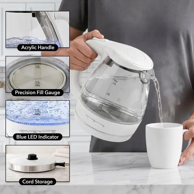 Alt view image 4 of 7 - Electric Kettle, 1.5L Borosilicate Glass Countertop Water Heater and Boiler for Coffee or Tea, BPA-Free, Auto Shut-Off, Boil-Dry Protection, Removable and Washable Spout Filter, White KG83W