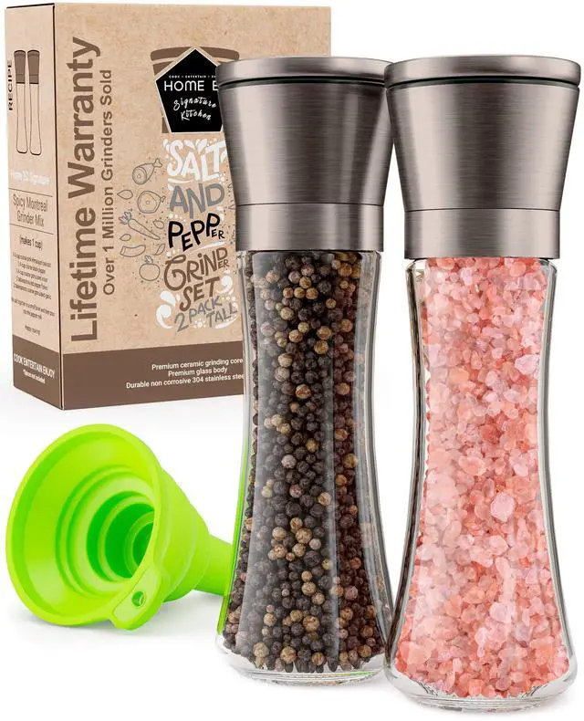 Main image of Original Gun Metal Bronze Salt and Pepper Grinder Set of 2 - Adjustable Ceramic Grinder - Tall Glass Salt and Pepper Shakers With Funnel and Ebook - Spice Mill - Bronze Kitchen Accessories