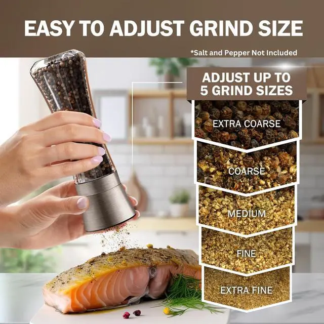 Alt view image 3 of 6 - Original Gun Metal Bronze Salt and Pepper Grinder Set of 2 - Adjustable Ceramic Grinder - Tall Glass Salt and Pepper Shakers With Funnel and Ebook - Spice Mill - Bronze Kitchen Accessories