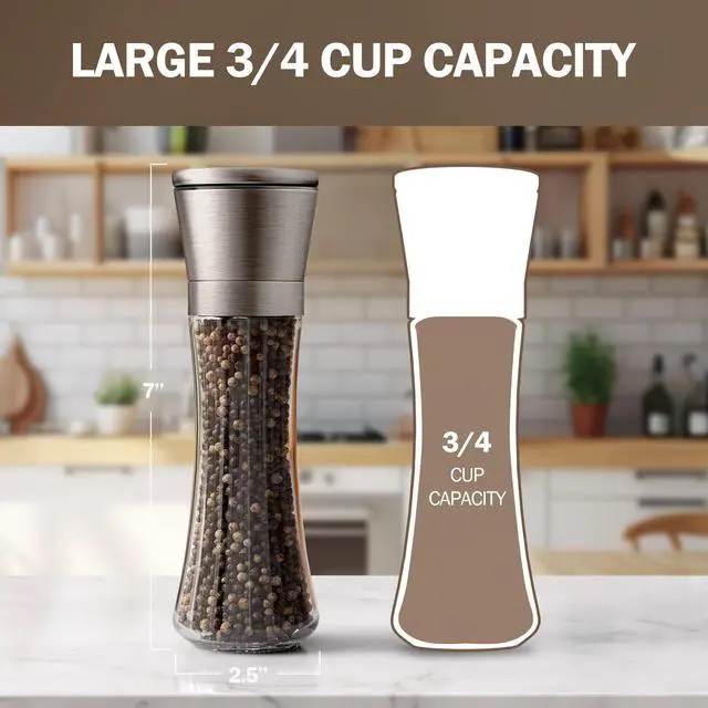 Alt view image 2 of 6 - Original Gun Metal Bronze Salt and Pepper Grinder Set of 2 - Adjustable Ceramic Grinder - Tall Glass Salt and Pepper Shakers With Funnel and Ebook - Spice Mill - Bronze Kitchen Accessories