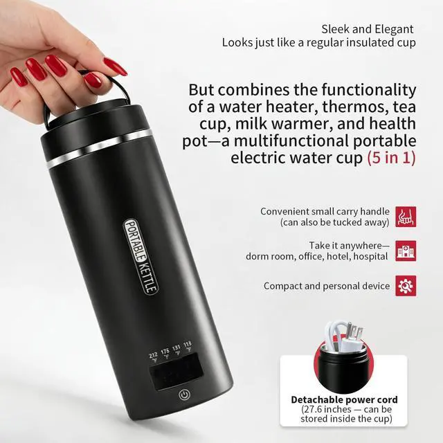 Alt view image 7 of 7 - Travel Electric Kettle, Portable Water Boiler with 4 Temperature Controls