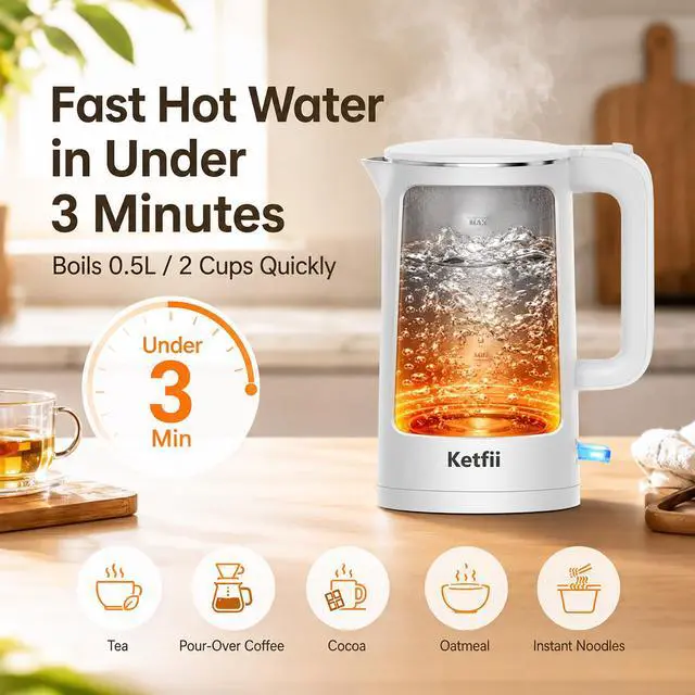 Alt view image 2 of 7 - Electric Kettle 1.7L, Seamless Inner Pot, Double-Walled Design, BPA-Free, Tea, Coffee & Hot Water Boiler, Dual-Angle Lid Opening, Auto Shut-Off & Boil-Dry Protection, 304 Stainless Steel, 1000W