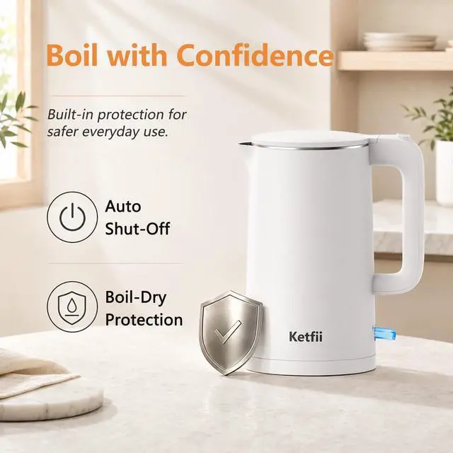 Alt view image 4 of 7 - Electric Kettle 1.7L, Seamless Inner Pot, Double-Walled Design, BPA-Free, Tea, Coffee & Hot Water Boiler, Dual-Angle Lid Opening, Auto Shut-Off & Boil-Dry Protection, 304 Stainless Steel, 1000W