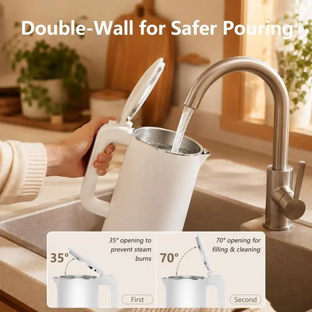 Alt view image 6 of 7 - Electric Kettle 1.7L, Seamless Inner Pot, Double-Walled Design, BPA-Free, Tea, Coffee & Hot Water Boiler, Dual-Angle Lid Opening, Auto Shut-Off & Boil-Dry Protection, 304 Stainless Steel, 1000W