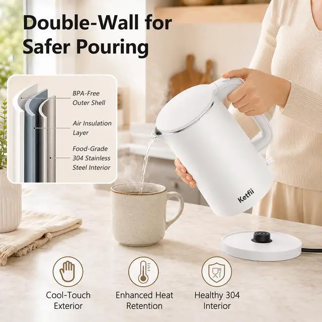 Alt view image 5 of 7 - Electric Kettle 1.7L, Seamless Inner Pot, Double-Walled Design, BPA-Free, Tea, Coffee & Hot Water Boiler, Dual-Angle Lid Opening, Auto Shut-Off & Boil-Dry Protection, 304 Stainless Steel, 1000W