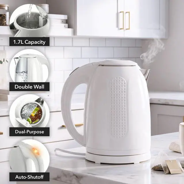 Alt view image 2 of 7 - 1.7L Double Wall Electric Tea Kettle, 1100W Power, White KD64W