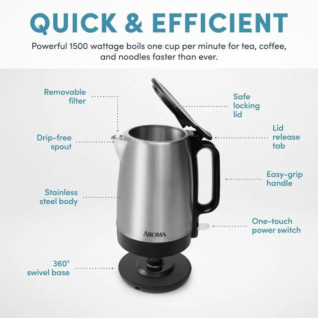 Alt view image 4 of 6 - ® 1.7-Liter Electric Kettle with Rapid Boil and Auto-Shut-Off in Stainless Steel (AWK-1401SB)