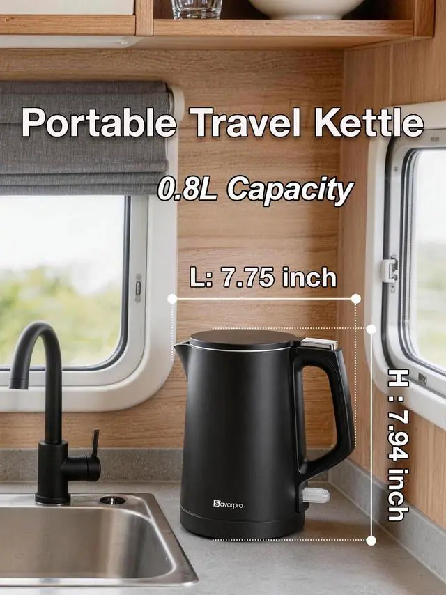 Alt view image 3 of 7 - Small Electric Kettle 1000W Double Wall Stainless Steel 0.8L Water Boiler