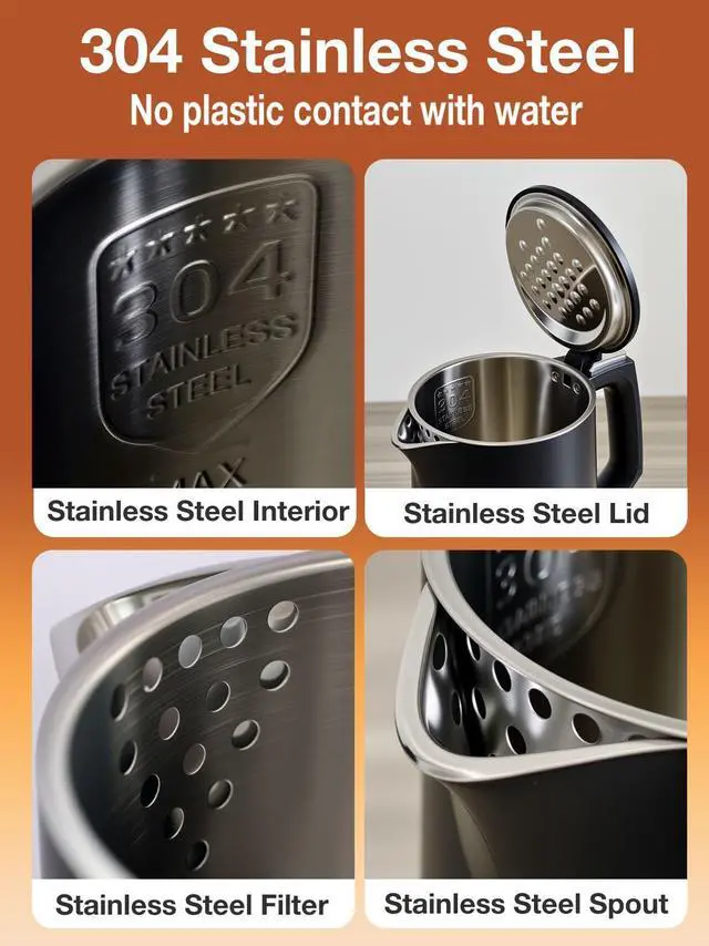 Alt view image 5 of 7 - Small Electric Kettle 1000W Double Wall Stainless Steel 0.8L Water Boiler