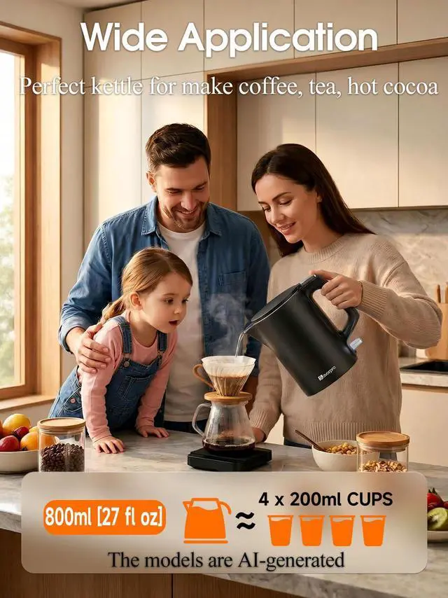 Alt view image 2 of 7 - Small Electric Kettle 1000W Double Wall Stainless Steel 0.8L Water Boiler
