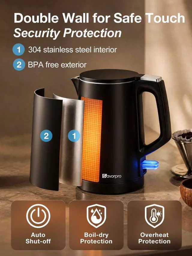 Alt view image 6 of 7 - Small Electric Kettle 1000W Double Wall Stainless Steel 0.8L Water Boiler