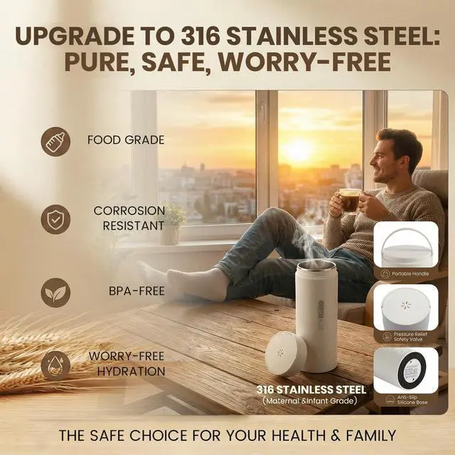 Alt view image 6 of 7 - Travel Tea Kettle120V, Portable Electric Kettle, 316 Stainless Steel Premium Liner, 4-speed Temperature Adjustment with Auto Shut-off and Boil-Off Protection,White.