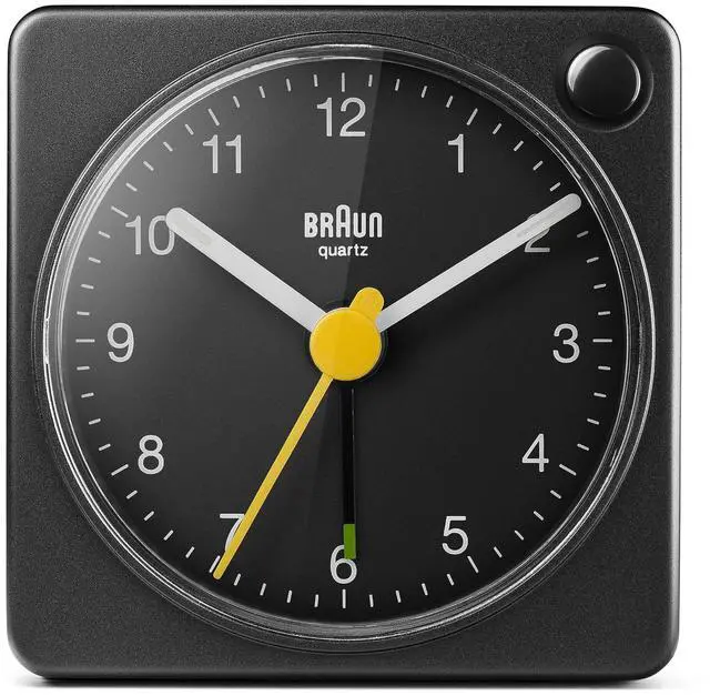 Main image of Classic Travel Analogue Alarm Clock with Snooze and Light, Compact Size, Quiet Quartz Movement, Crescendo Beep Alarm in Black, BC02XB.