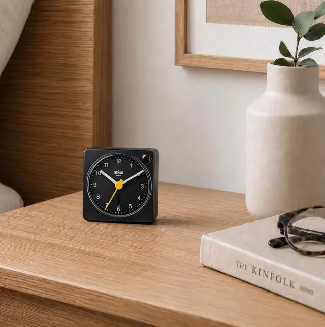 Alt view image 5 of 7 - Classic Travel Analogue Alarm Clock with Snooze and Light, Compact Size, Quiet Quartz Movement, Crescendo Beep Alarm in Black, BC02XB.