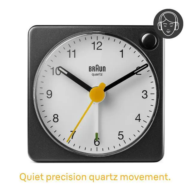 Alt view image 2 of 6 - Classic Travel Analogue Alarm Clock with Snooze and Light, Compact Size, Quiet Quartz Movement, Crescendo Beep Alarm in Black and White, Model BC02XBW.