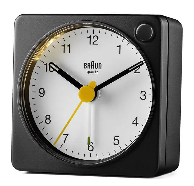 Alt view image 4 of 6 - Classic Travel Analogue Alarm Clock with Snooze and Light, Compact Size, Quiet Quartz Movement, Crescendo Beep Alarm in Black and White, Model BC02XBW.