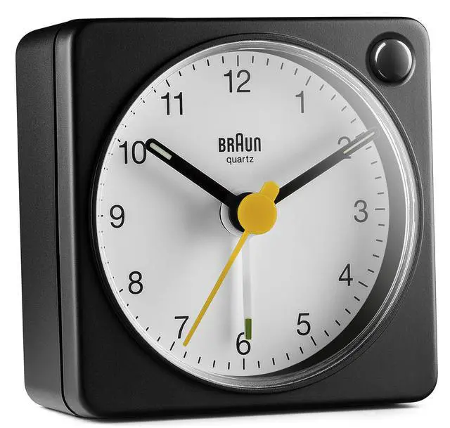 Alt view image 5 of 6 - Classic Travel Analogue Alarm Clock with Snooze and Light, Compact Size, Quiet Quartz Movement, Crescendo Beep Alarm in Black and White, Model BC02XBW.