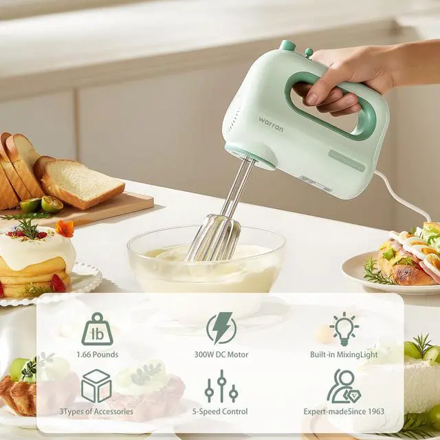 Alt view image 2 of 7 - 300W Compact Lightweight Electric Hand Mixer, with Powerful Quiet DC Motor for Baking, Cake, Brownies, Cookie Dough, Ideal for Home Kitchen (Green)