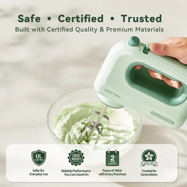 Alt view image 3 of 7 - 300W Compact Lightweight Electric Hand Mixer, with Powerful Quiet DC Motor for Baking, Cake, Brownies, Cookie Dough, Ideal for Home Kitchen (Green)