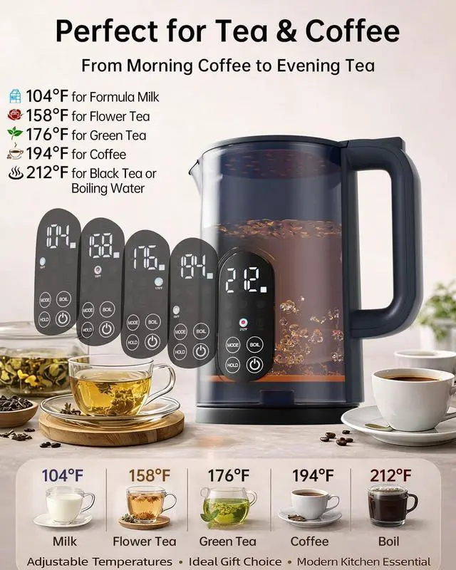 Alt view image 2 of 7 - Electric Kettle with Temperature Control, 1.7L Hot Water Kettle for Tea, Coffee & Daily Use, 5 Presets, 2H Keep Warm, Stainless Steel Interior, Auto Shut-Off, Cordless Electric Tea Kettle, Blue