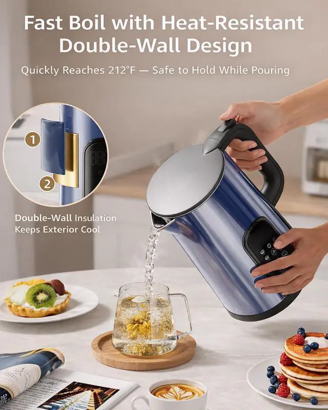 Alt view image 4 of 7 - Electric Kettle with Temperature Control, 1.7L Hot Water Kettle for Tea, Coffee & Daily Use, 5 Presets, 2H Keep Warm, Stainless Steel Interior, Auto Shut-Off, Cordless Electric Tea Kettle, Blue