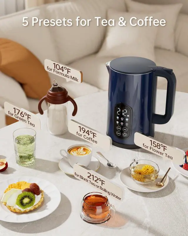 Alt view image 3 of 7 - Electric Kettle with Temperature Control, 1.7L Hot Water Kettle for Tea, Coffee & Daily Use, 5 Presets, 2H Keep Warm, Stainless Steel Interior, Auto Shut-Off, Cordless Electric Tea Kettle, Blue